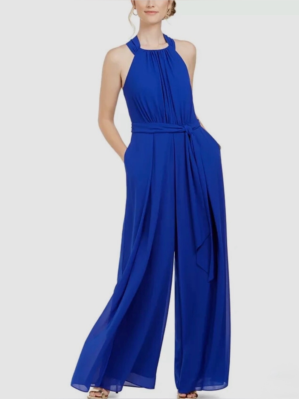 Vince Camuto Sz 14W Royal Blue Halter Chevon Wide-Leg Jumpsuit | EUC